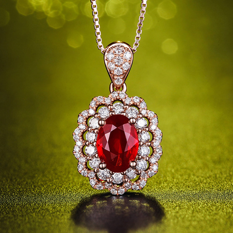ycgems/缘彩珠宝1克拉天然红宝石吊坠18k金镶钻彩色宝石项链
