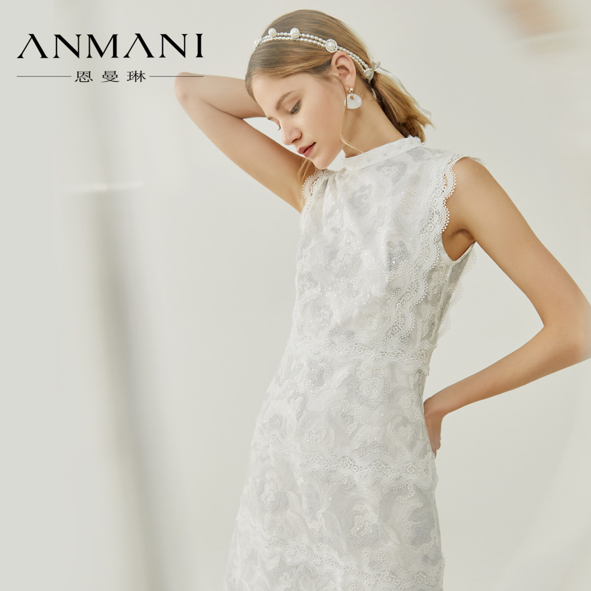 anmani恩曼琳春夏季气质亮片蕾丝收腰白色连衣裙eanabb26连衣裙