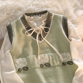ພາກຮຽນ spring ແລະດູໃບໄມ້ລົ່ນ matcha ສີຂຽວ jacquard knitted V-neck vest ສອງສິ້ນຊຸດສໍາລັບແມ່ຍິງ lace-up chiffon ເສື້ອ vest ຊັ້ນ knitted ສໍາລັບແມ່ຍິງ