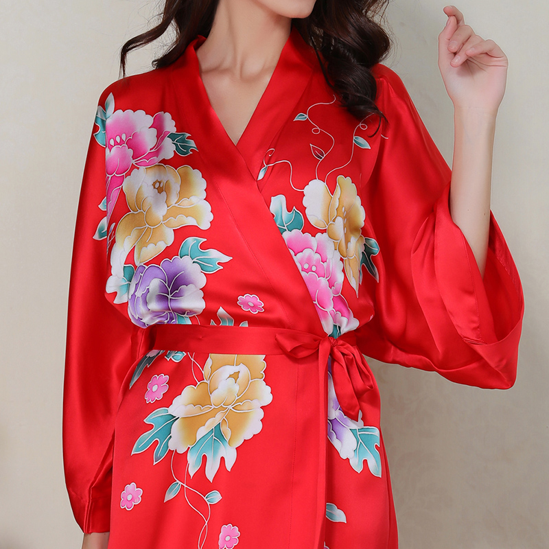 苏州丝绸桑蚕丝女睡衣外穿真丝睡裙宽松真丝睡袍大红牡丹开袍 - 价格