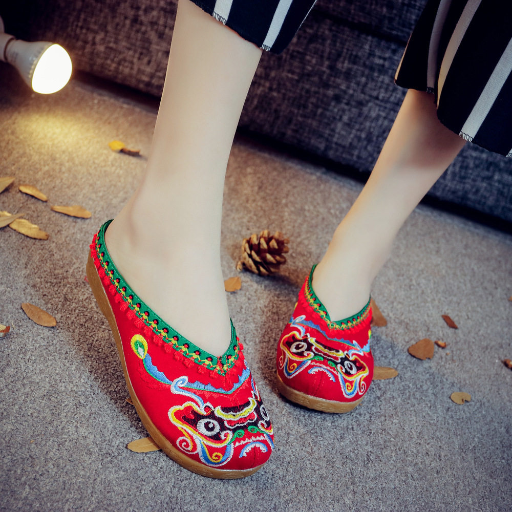 夏季中国牛筋狮子头绣花鞋民族风包头亚麻亚麻布布鞋布鞋