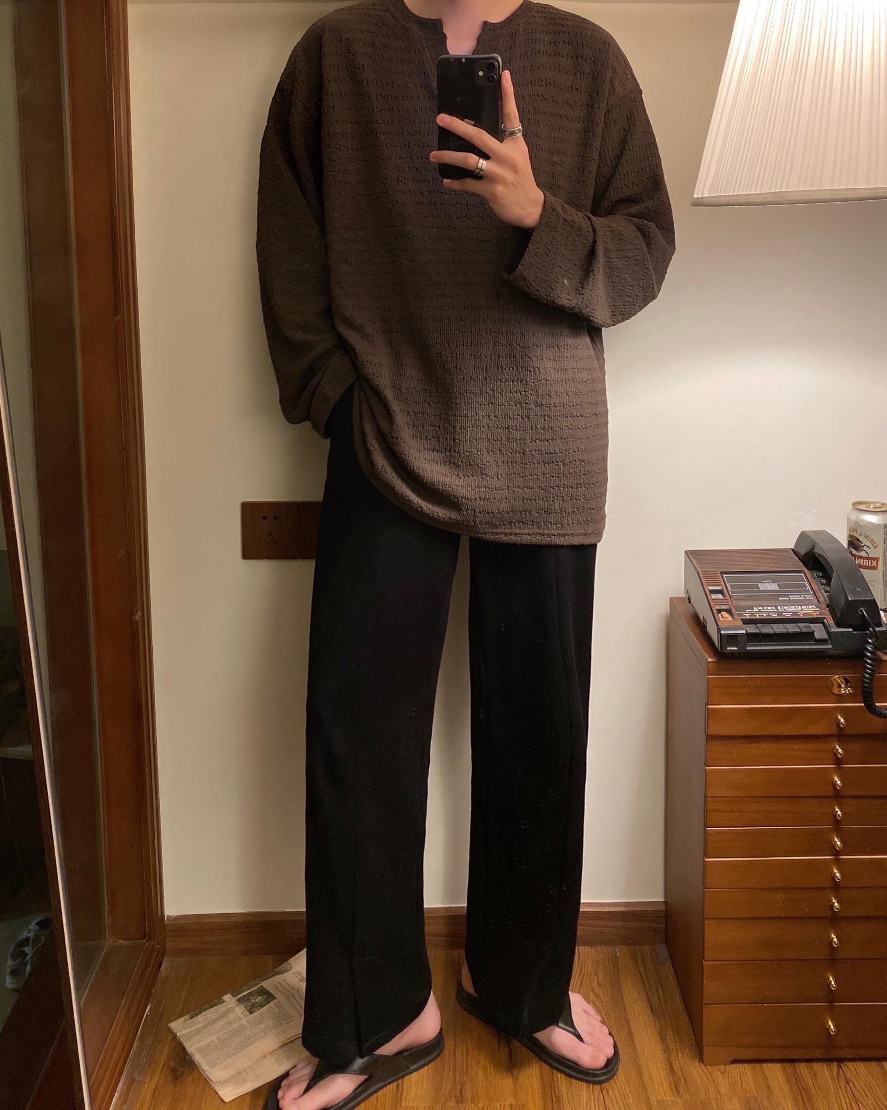 jmhomme 简约直筒休闲裤男秋冬韩版宽松裤脚开衩西裤黑色休闲长裤