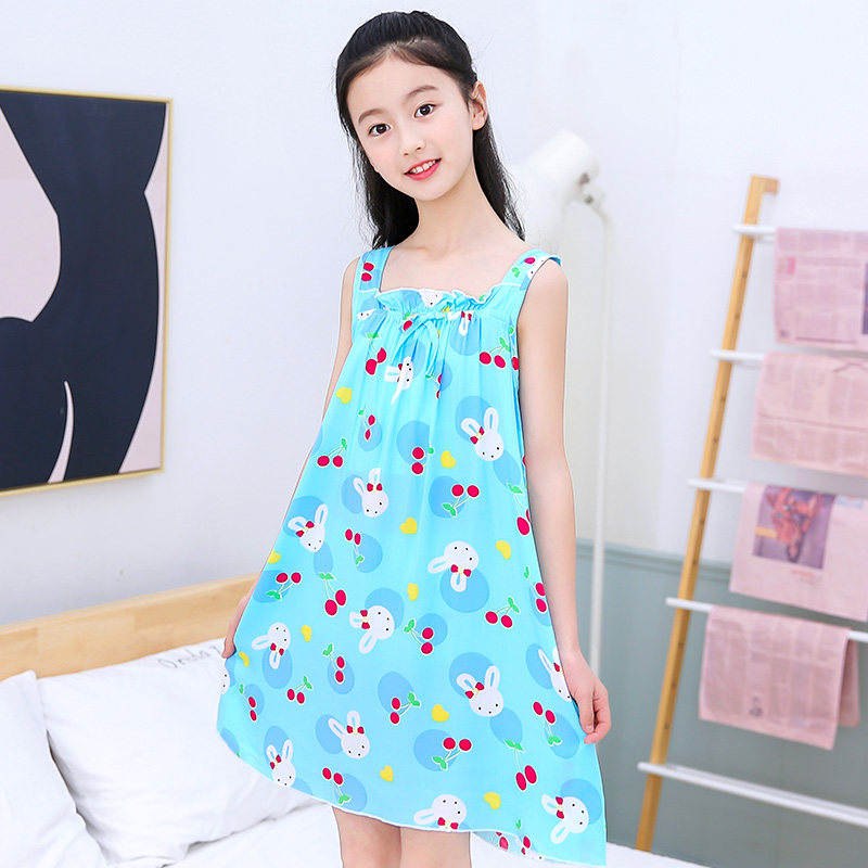 女童睡裙儿童睡衣连衣裙家居春夏夏装人造棉中大家居裙