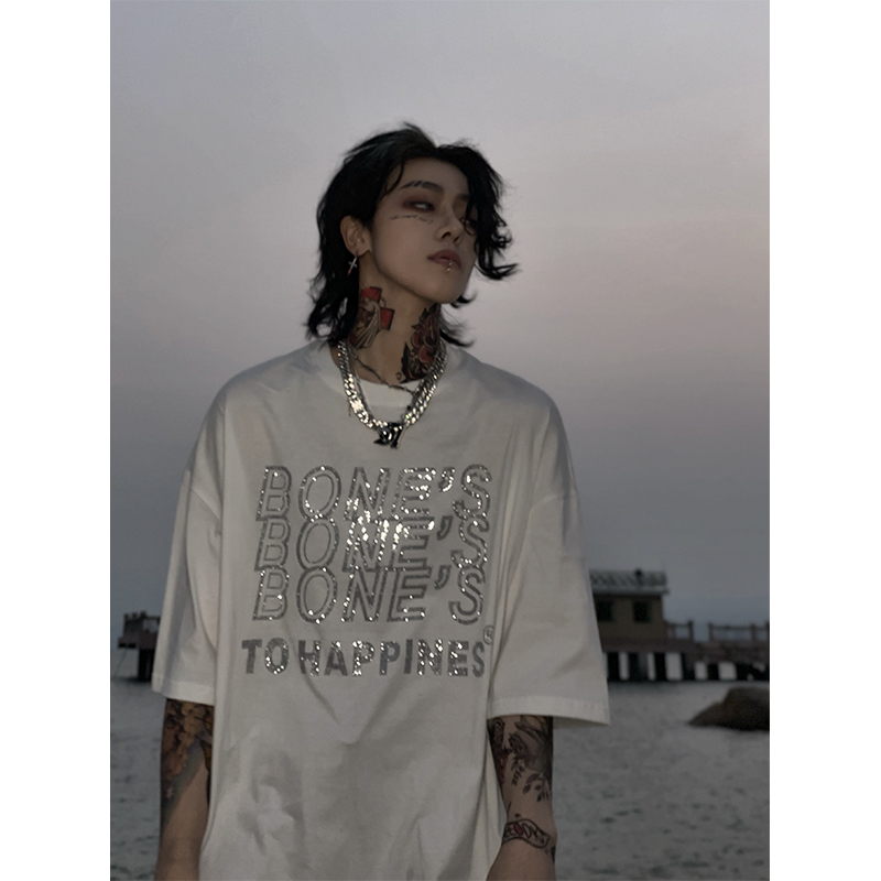 NapLab烫钻潮牌字母短袖t恤男女宽松blingbling闪亮高街潮流上衣