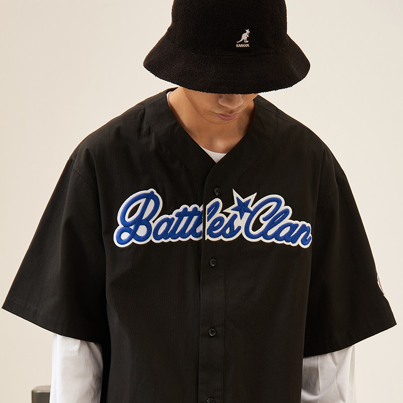 battles嘻哈潮牌刺绣美式复古棒球领开衫短袖男女休闲衬衫外套
