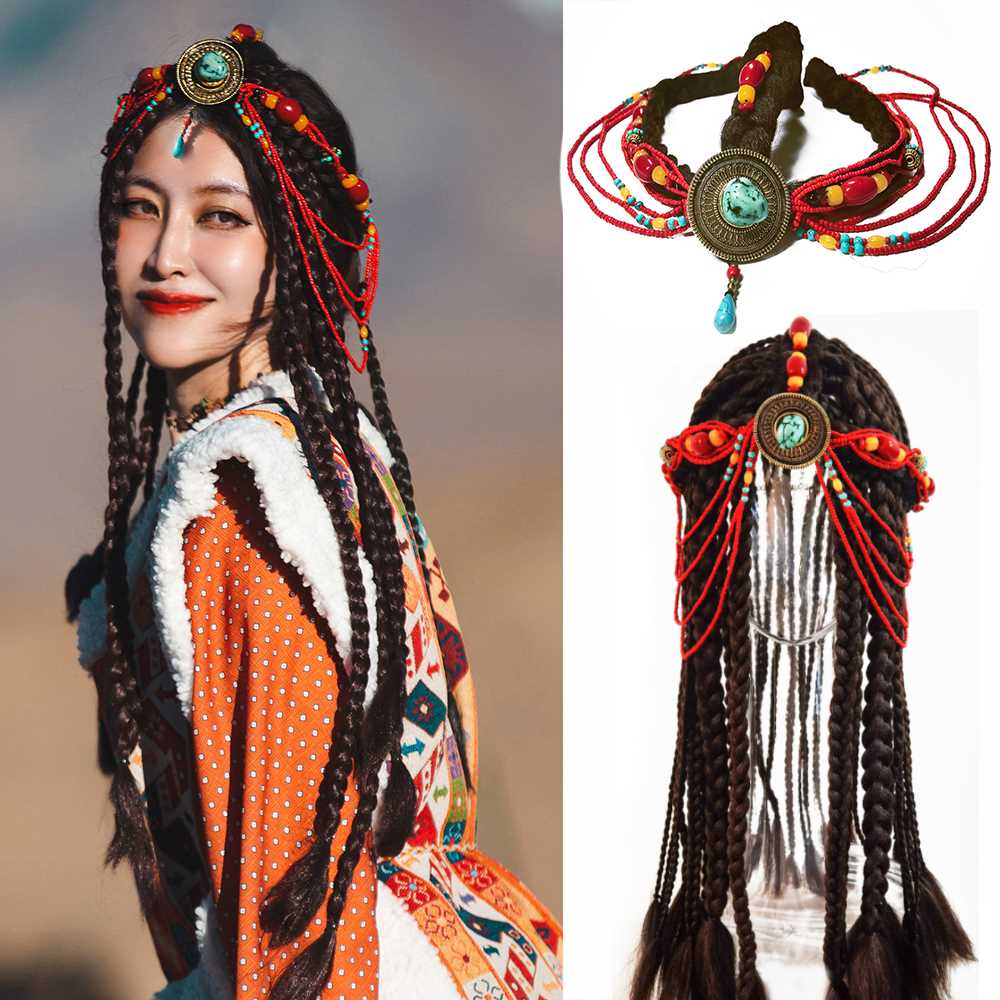 藏族一体式假发辫发辫子压发黑发西藏藏式头饰日常整顶假发