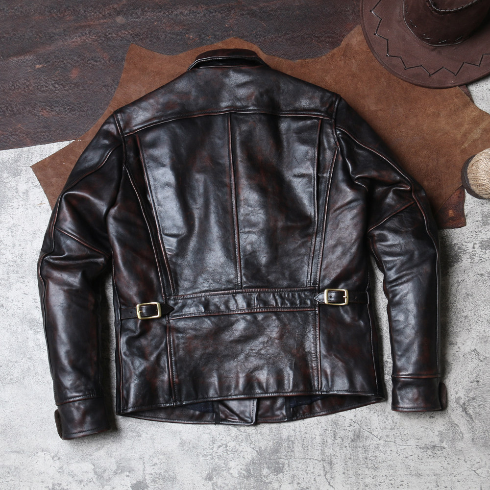 复古擦色小熊皮衣蜡染植鞣茶芯马皮外套真皮皮衣