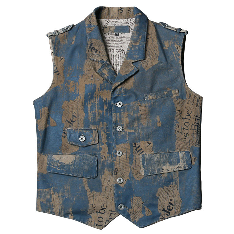 报纸印花真皮马甲复古做旧工装皮衣背心男士背心