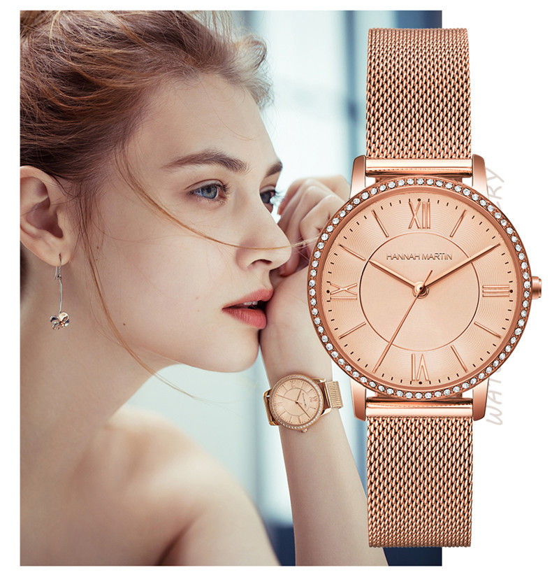 hannahmartin汉娜马丁女士时尚米兰网带水钻手表轻薄国产腕表