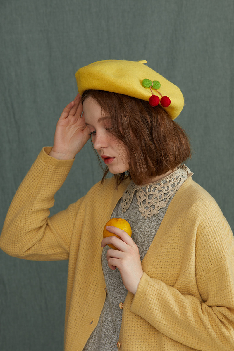 羊毛瘦瘦家手工毛毡可爱樱桃贝雷帽秋冬女款毛帽帽子