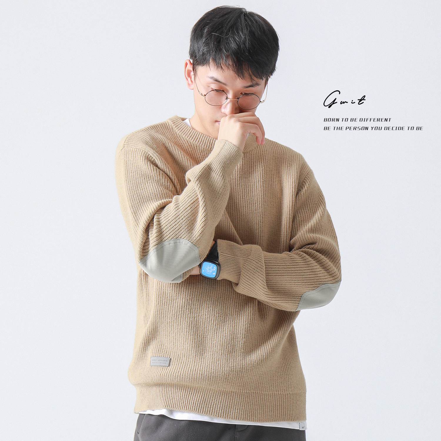 GWIT 软糯小羊毛双股细针 秋冬新款线衣宽松针织衫圆领贴布毛衣男