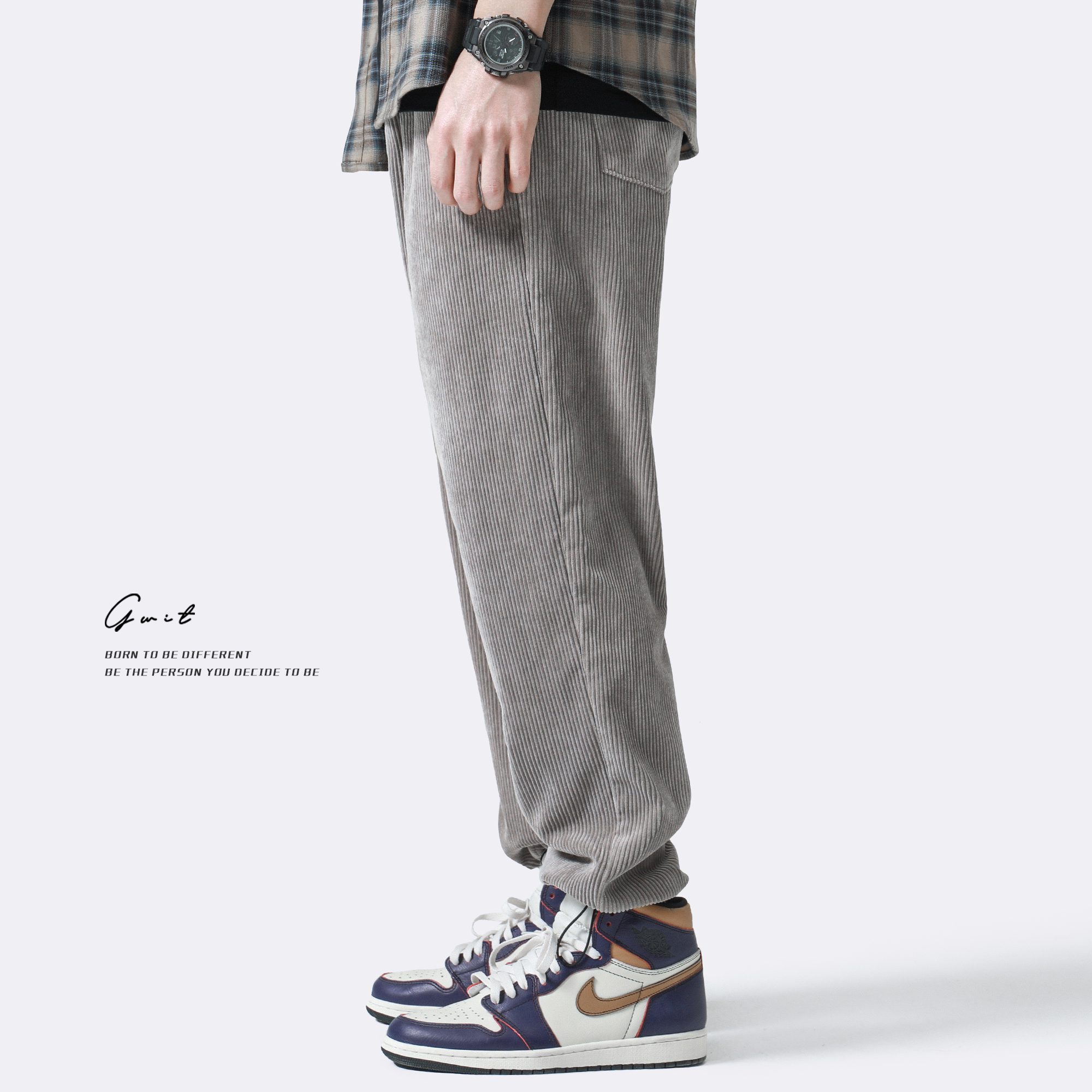 GWIT 霜花柔整灯芯绒 春秋新款日系宽松抽绳束脚长裤工装休闲裤男