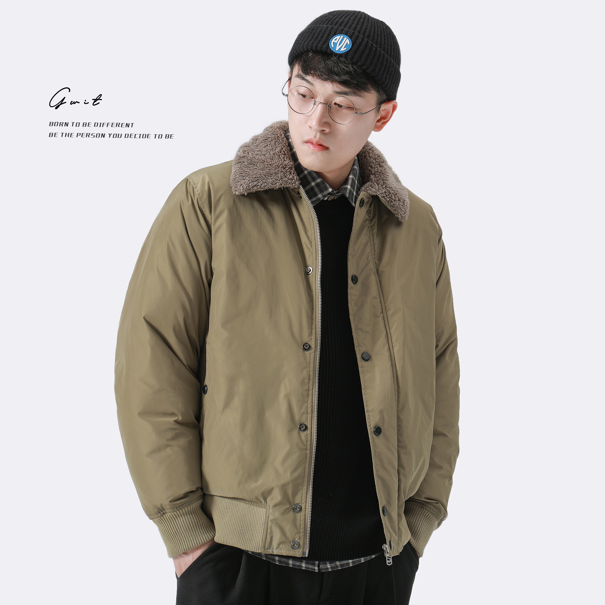 GWIT 柔粒羊羔绒 冬季新款美式休闲宽松棉衣棒球服外套加厚棉服男