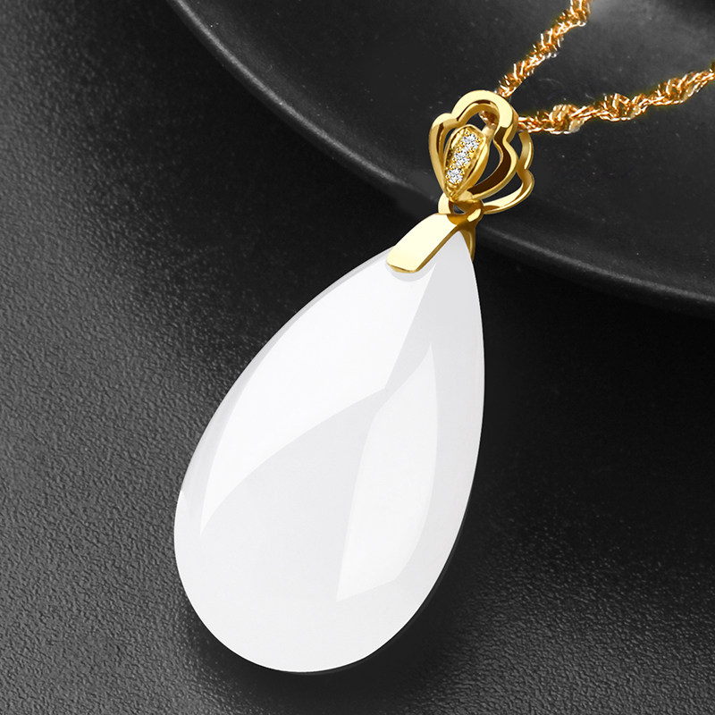 7000年和田玉18k金镶羊脂白玉水滴吊坠女士天然正品玉吊坠项链