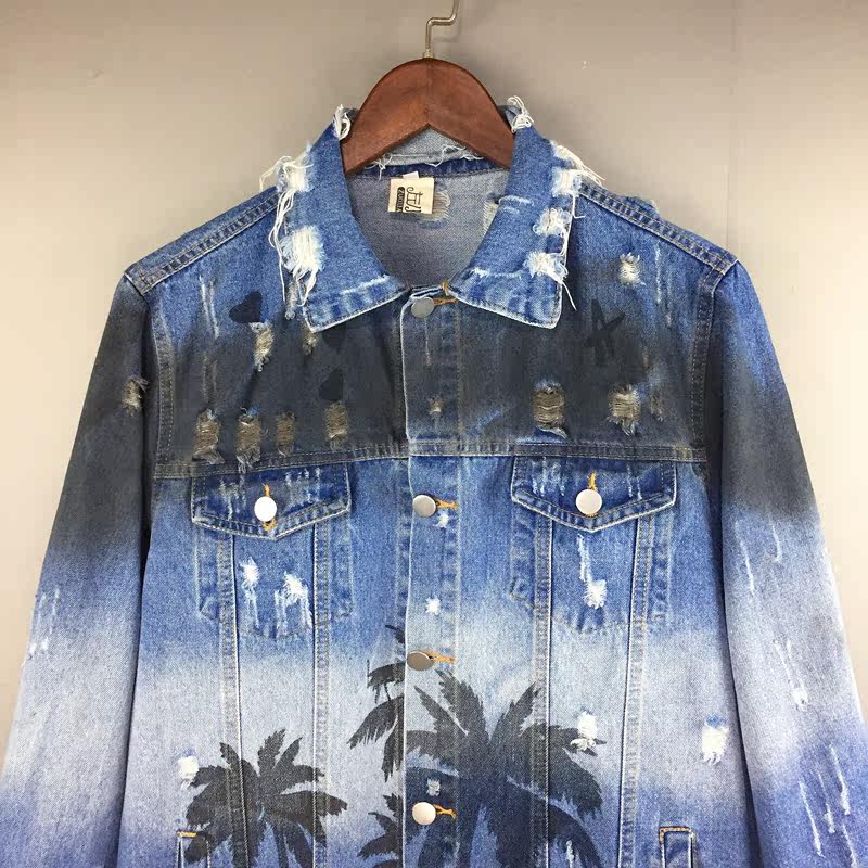 秋牛仔夹克男 椰树印花做旧破洞油漆潮上衣外套周杰伦张艺兴同款