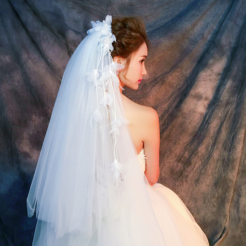 头纱新娘新款婚纱纱头短款简约唯美花朵流苏头纱
