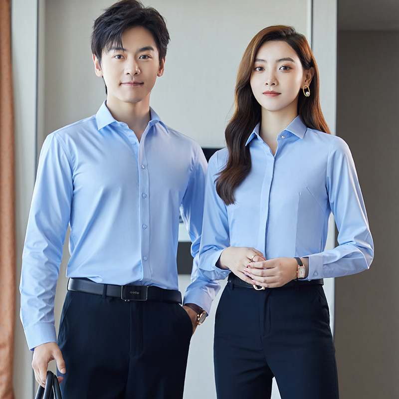 蓝色衬衫长袖职业工作服秋冬工装气质正装弹力衬衫