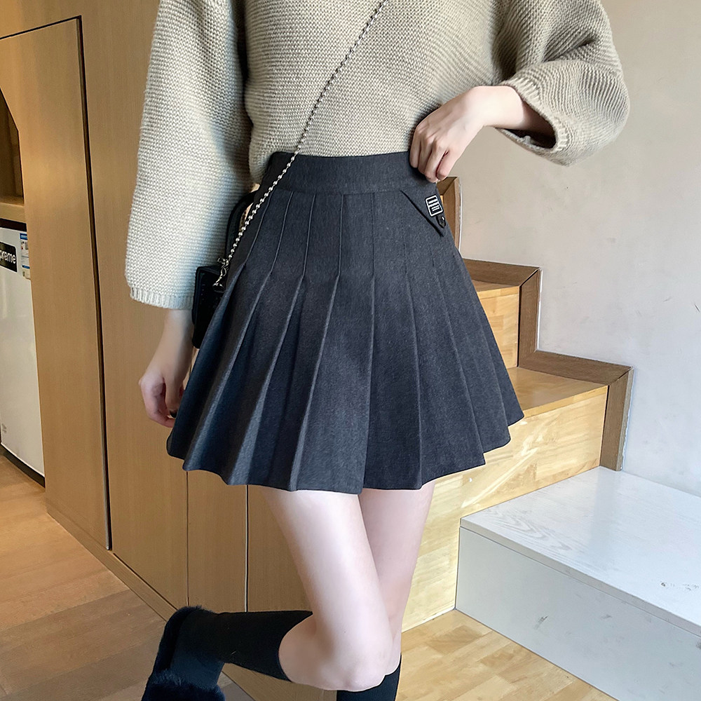 大码百褶短裙2022新款女春秋季胖mm显瘦遮胯百搭毛呢高腰a字裙子 - 三