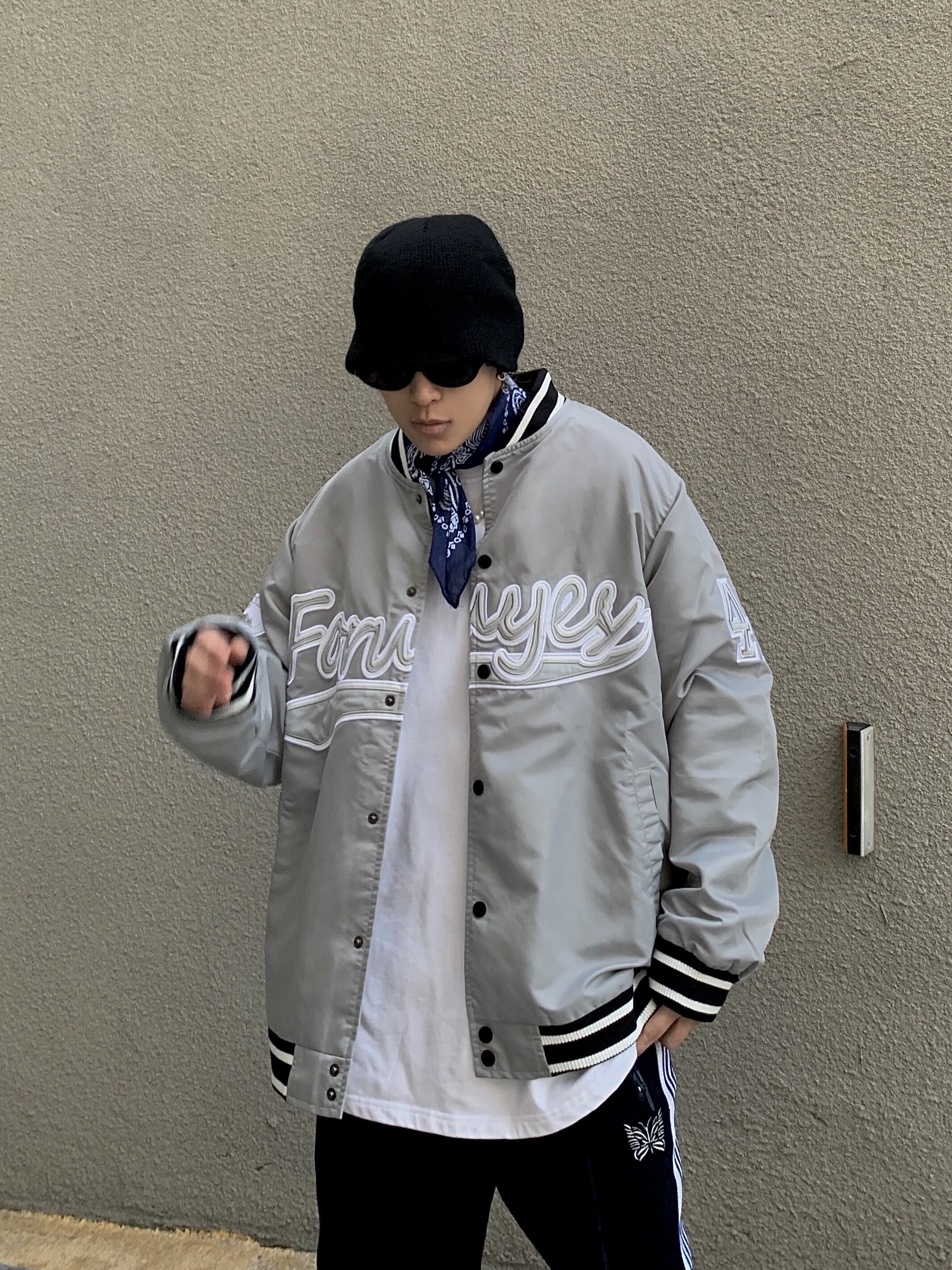 4uyes复古美式风格logo刺绣印花宽松街头嘻哈男女情侣外套棒球服