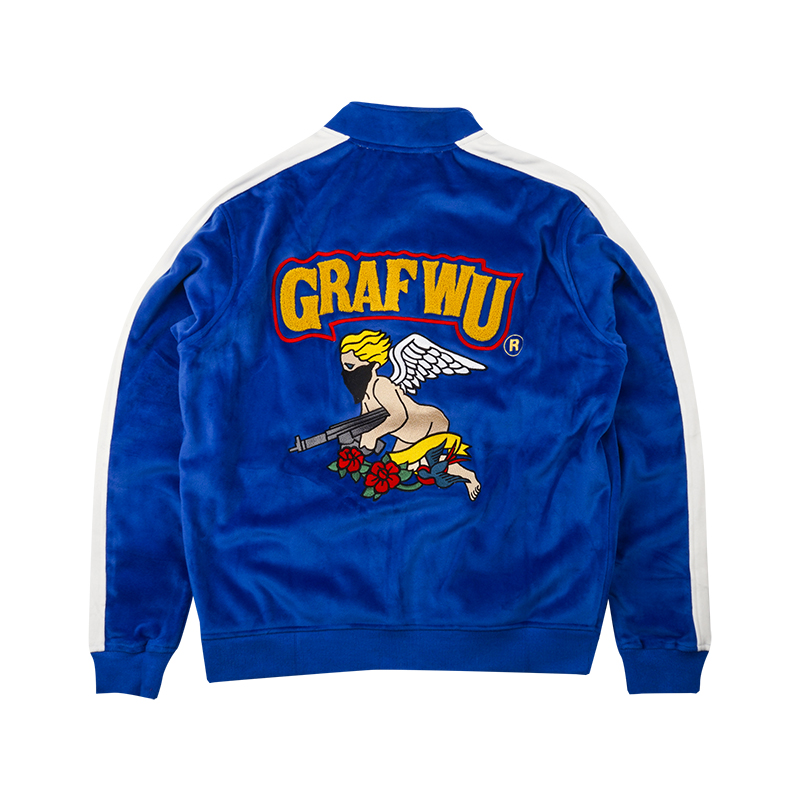 GRAF原创品牌AK47小天使刺绣复古美式秋冬拼接双层天鹅绒蓝色外套