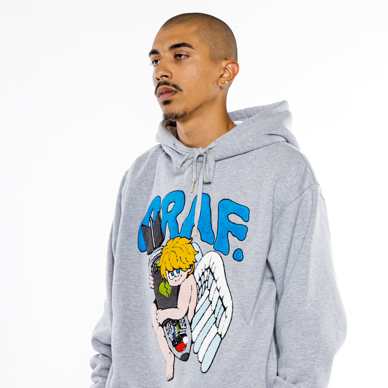 GRAF原创品牌x插画师XIETU艺术家俱乐部毛线刺绣冬加绒帽衫灰天使