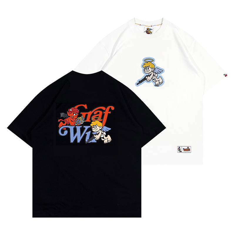 GRAF原创品牌天使拿枪恶魔送花讽刺卡通纯棉休闲宽松短袖T恤