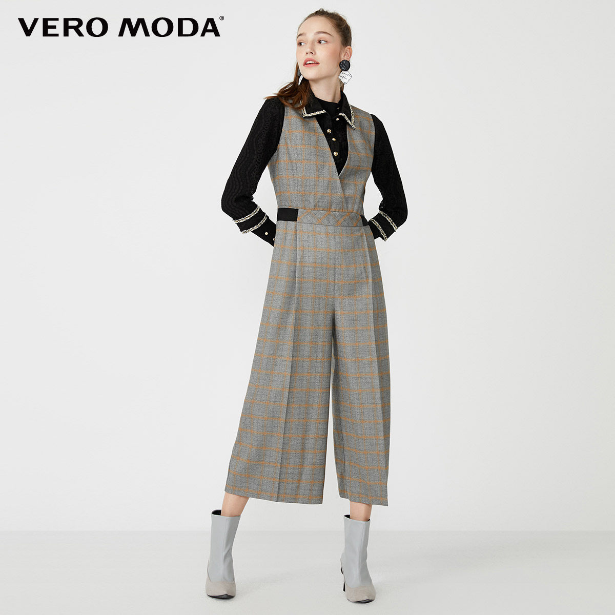 3件95折veromoda新款复古古格飘带装饰连体休闲裤