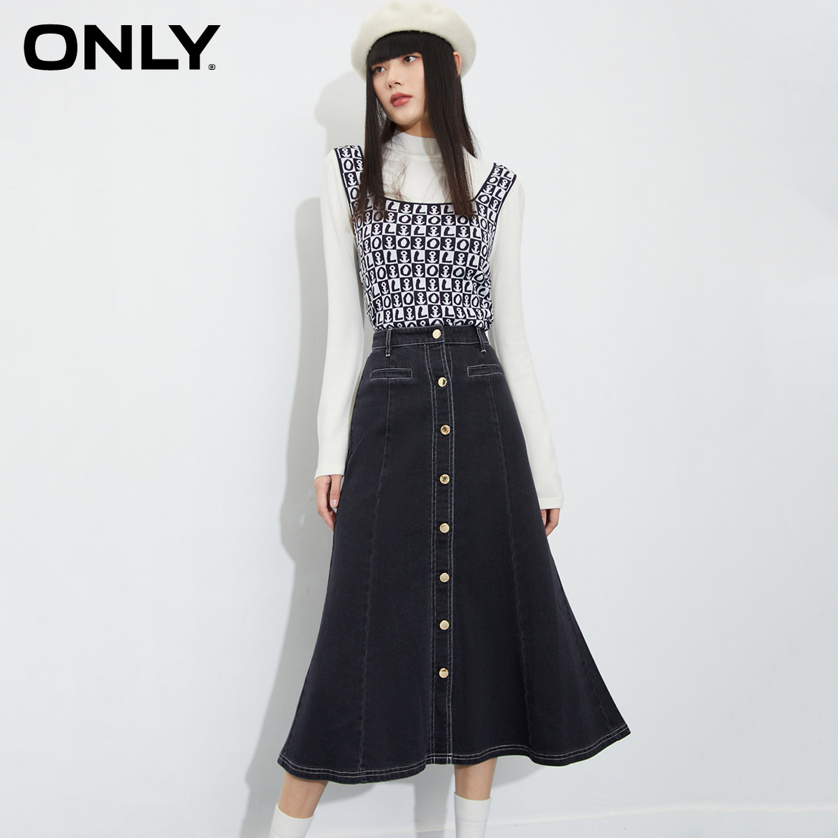 3件85折only2022早秋新轻熟风中中长鱼尾喇叭牛仔半身裙