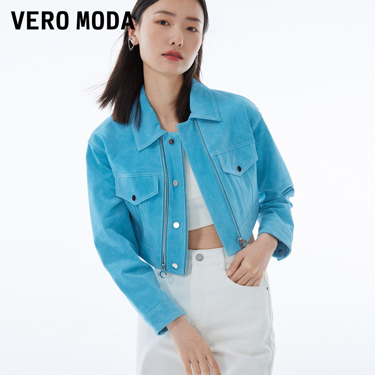 vm满减veromoda2022春夏季新款机能风双拉链皮衣皮衣