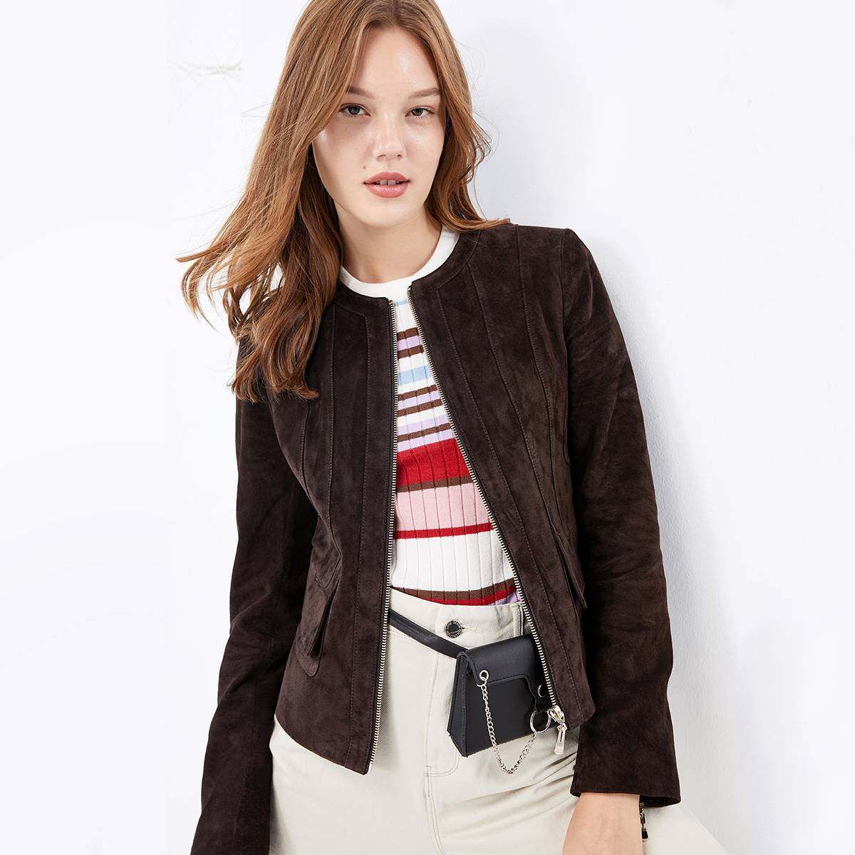 绫致only秋季新款绒面修身黑色短款皮衣