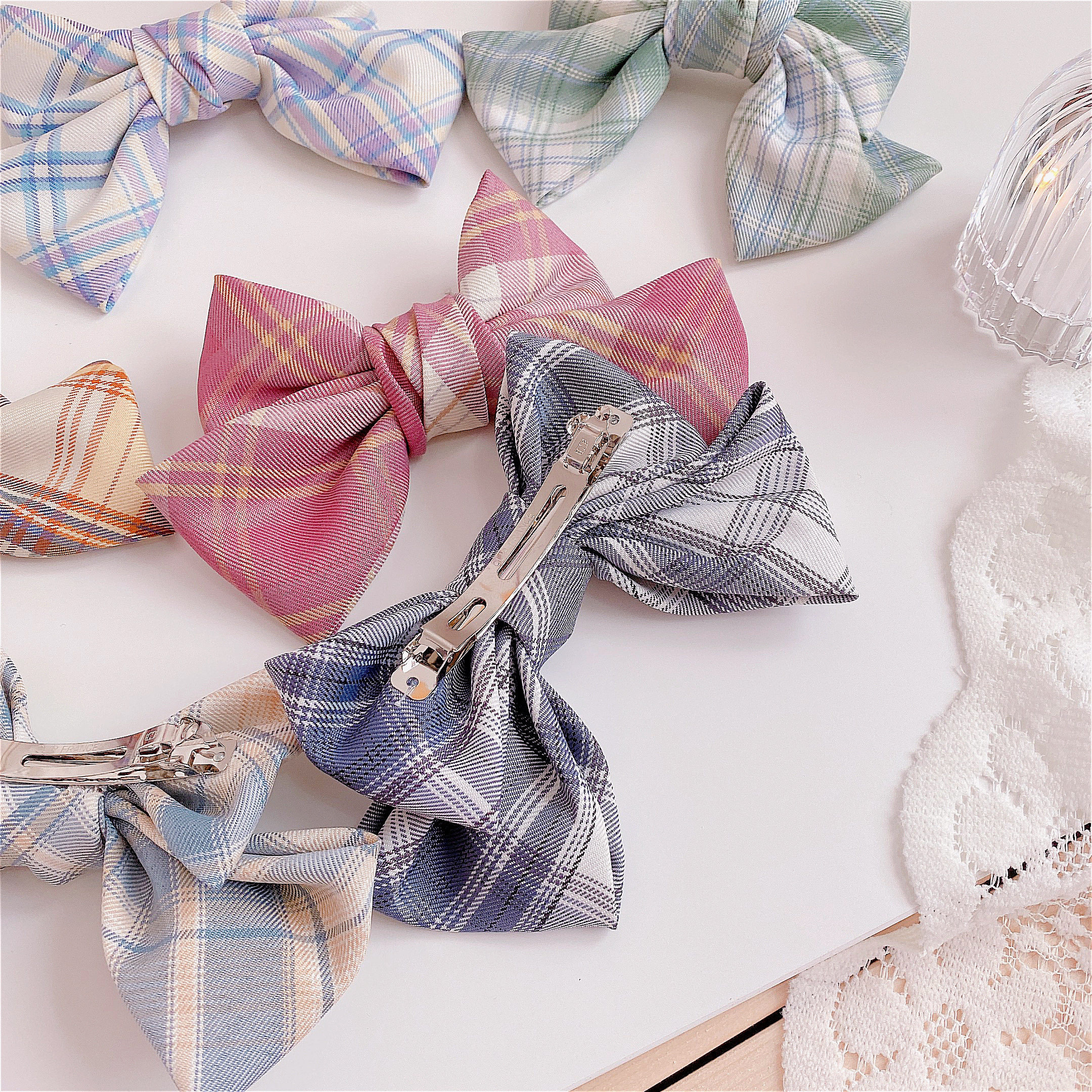 少女弹簧jk格子蝴蝶发夹韩国可爱发饰头夹发圈