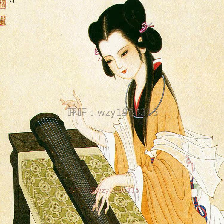 抚琴图 古代美女仕女古筝人物画像 中式复古书房装饰画卷轴画挂画