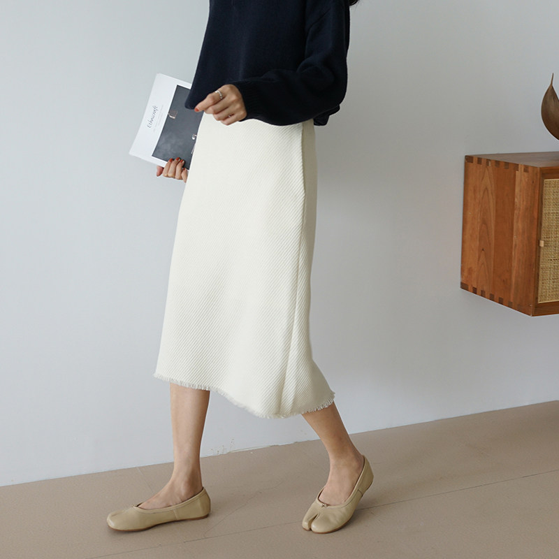 播言羊毛白色半裙女秋季简洁中长高腰开叉直筒半身裙