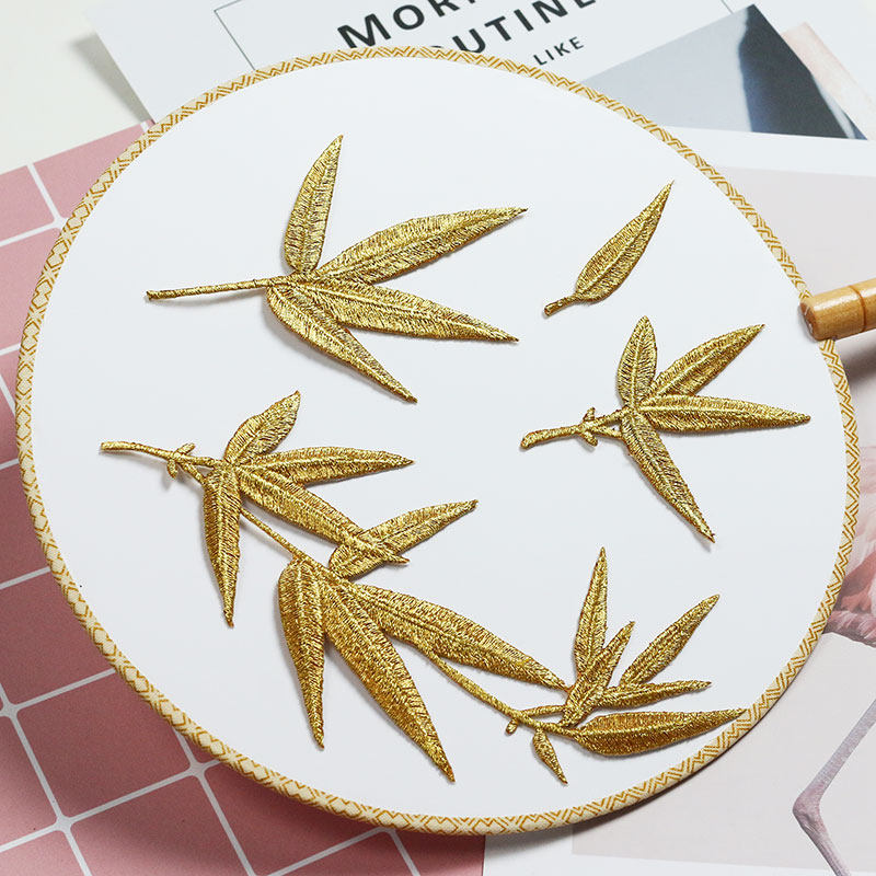 中国国风刺绣竹子竹叶布贴diy团扇首饰盒包包布贴