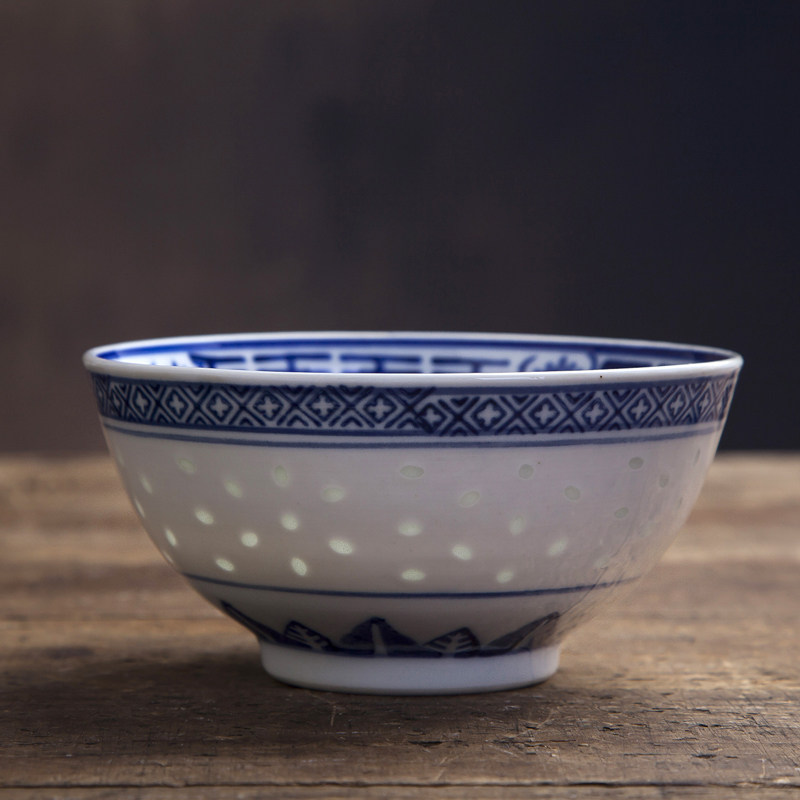 碗景德镇青花玲珑瓷碗老式复古面碗米饭碗中餐厅摆台釉下彩餐具