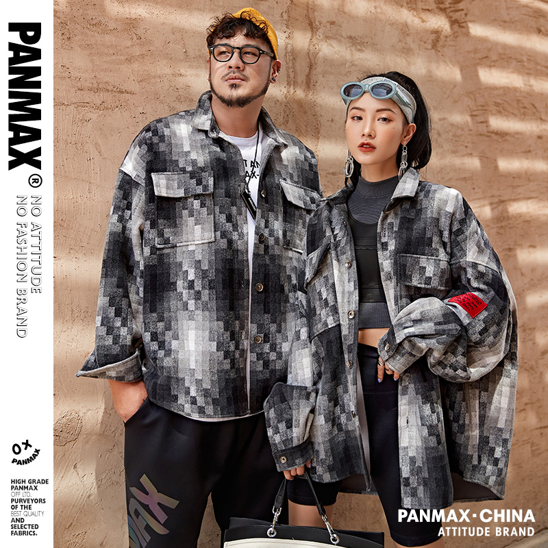 PANMAX加肥加大码情侣渐变色马赛克格子衬衫外套潮牌男装秋季夹克