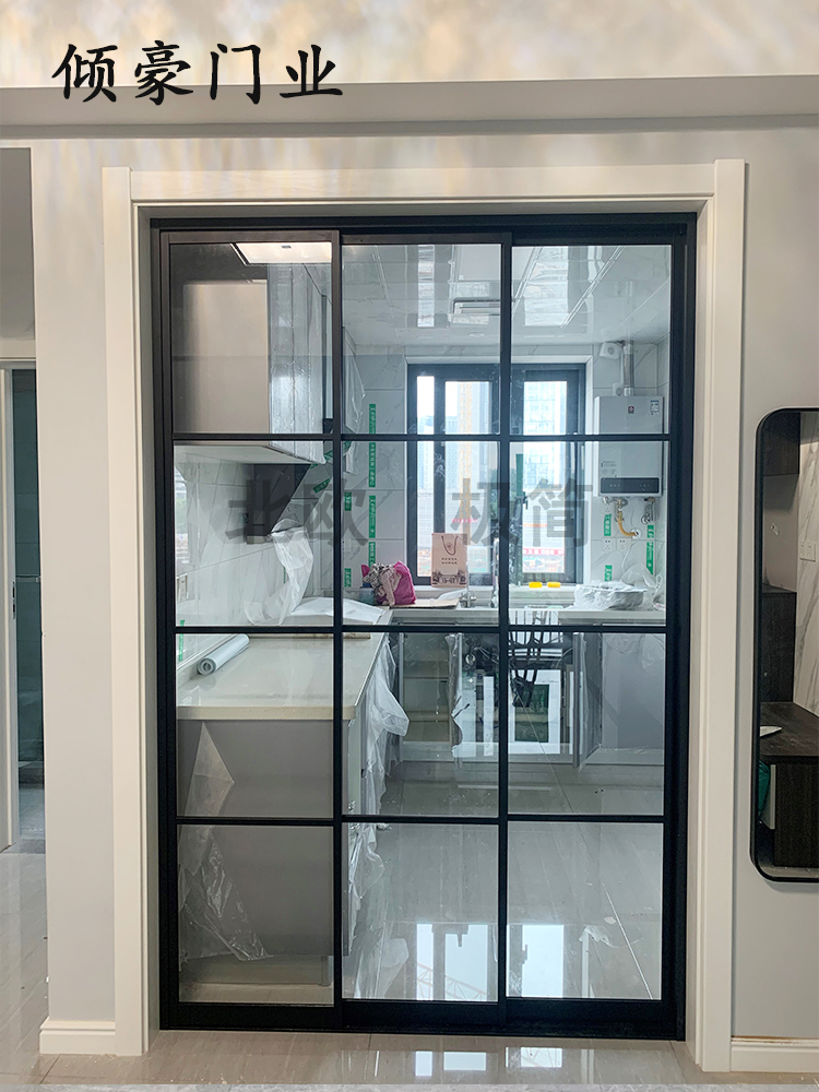 移门三联联动钛合金黑色窄框细边厨房客厅隔断厨房门