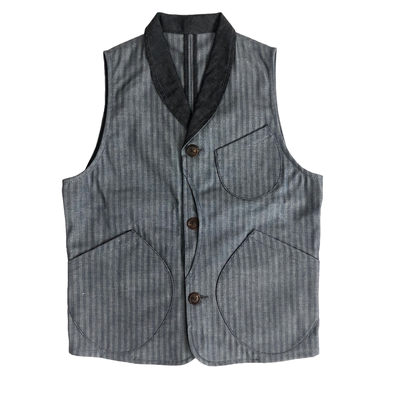 西班牙jwj gaudi修身青果领牛仔马甲工坊造欧式复古条纹绳结袋花