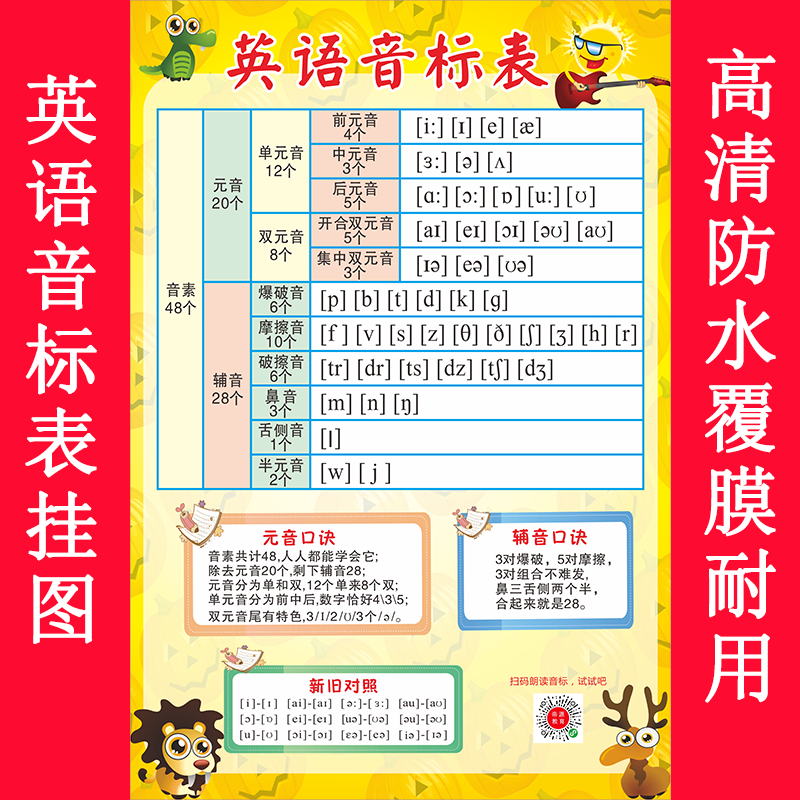 小学英语音标表挂图墙贴48个英文字母表国际英语音标挂图小学生