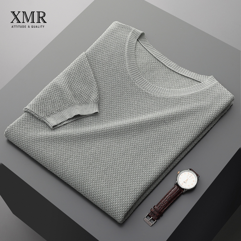 桑蚕丝短袖t恤男夏季圆领衣服男装2022新款高档蜂窝半袖羊绒上衣