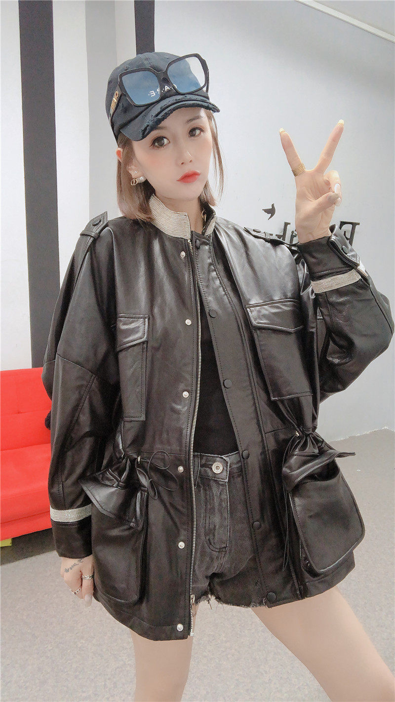 荣荣欧洲站重工亮钻领口纯棉羊皮皮衣2021早秋皮衣