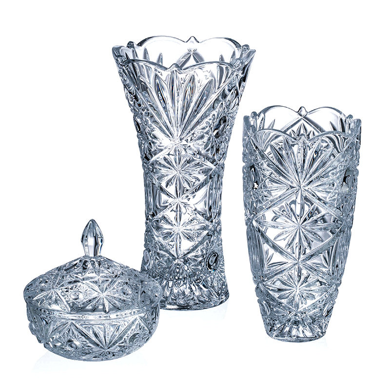 捷克进口bohemia波西米亚手工车刻水晶玻璃花瓶创意摆件透明花瓶