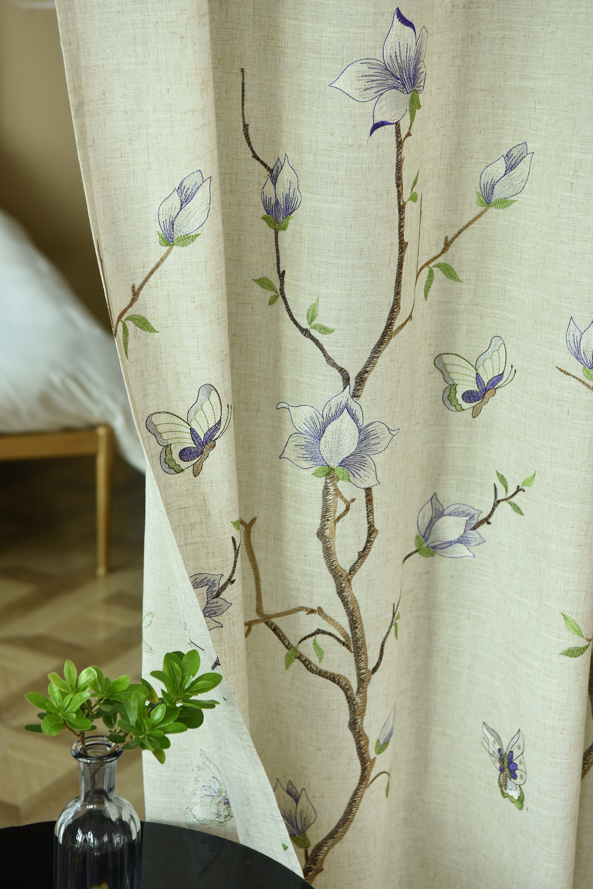 窗帘亚麻刺绣绣花棉麻麻布定制简约遮光遮阳成品窗帘