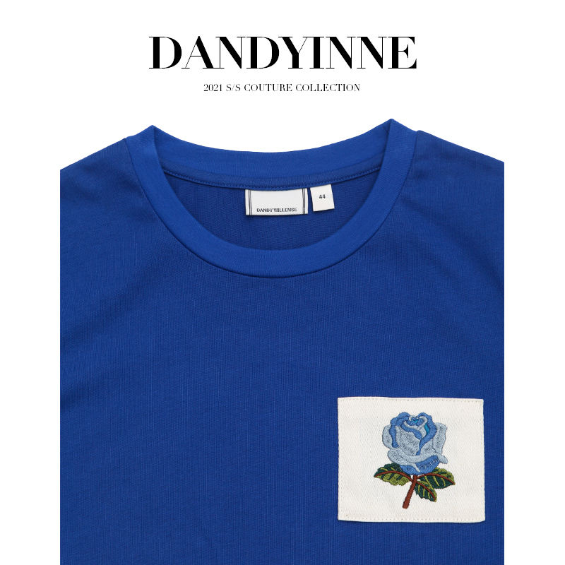 夏季新品dandyinne克莱因蓝纯棉玫瑰刺绣短袖体恤男女同款9898对