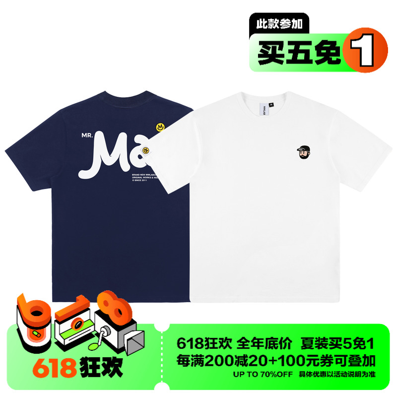 MMLABCREW MR.MAI logo潮牌白色藏青蓝纯棉刺绣印花圆领短袖T恤