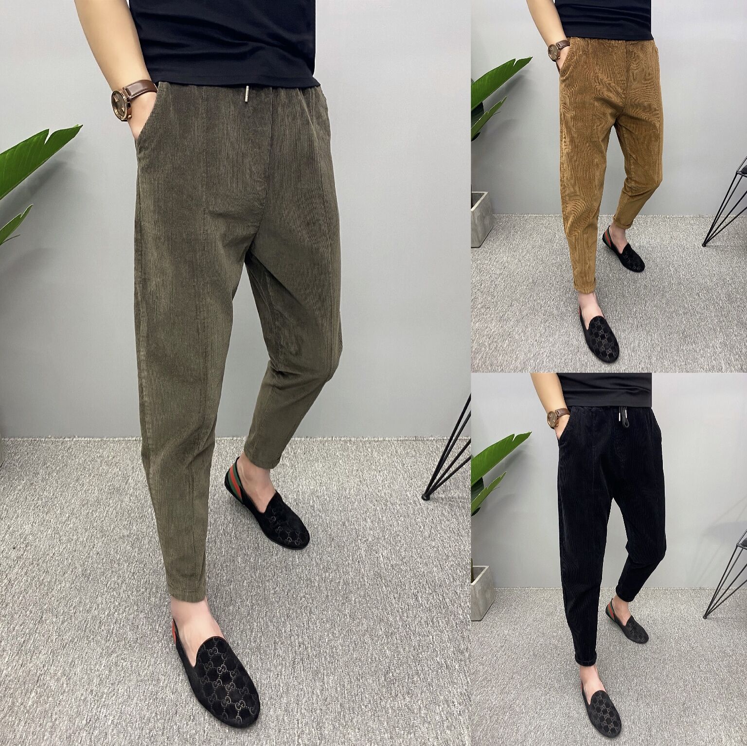 秋冬条绒裤男小脚潮流韩版青少年束脚哈伦裤纯色修身网红同款裤子