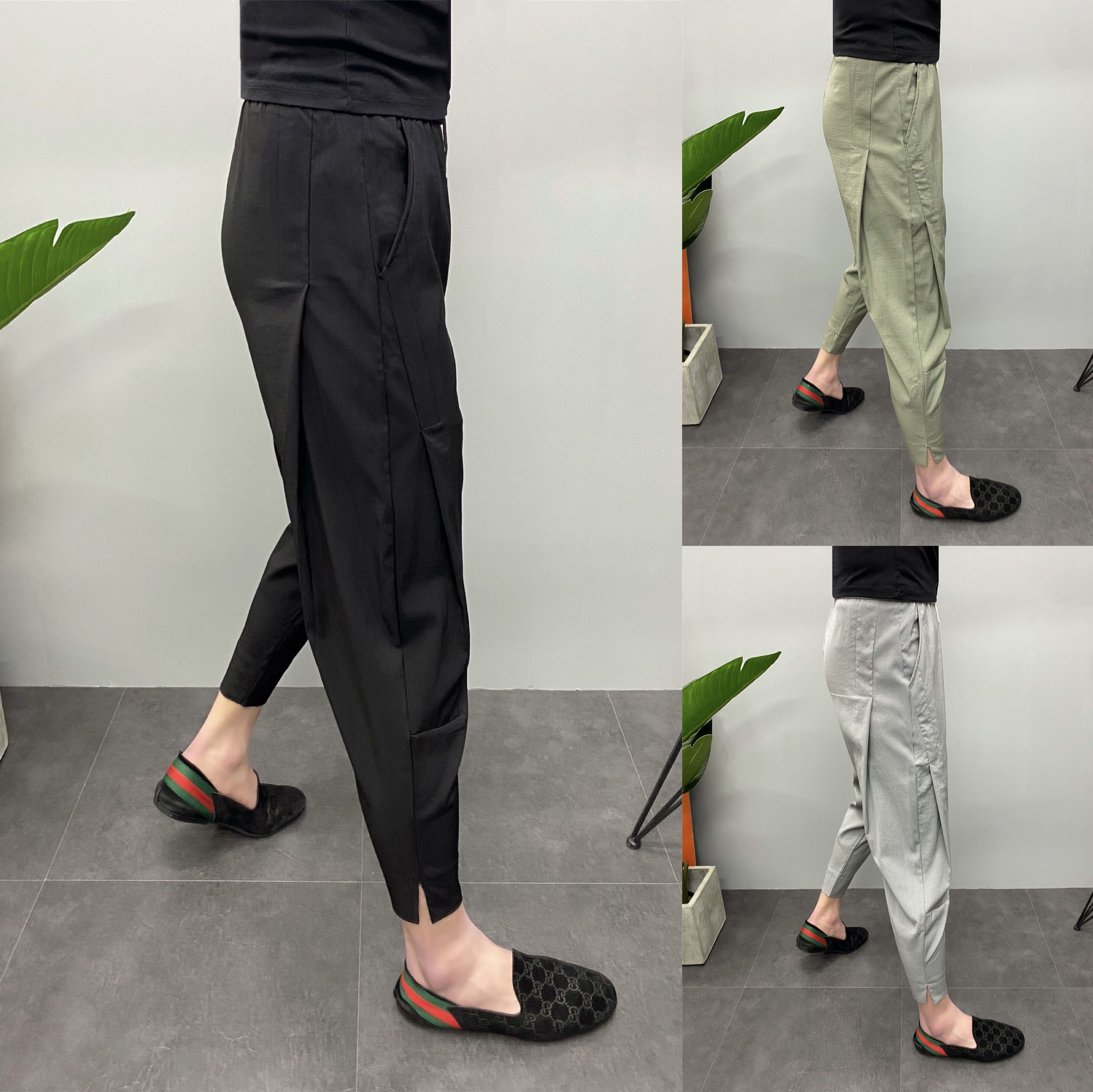 夏季薄款冰丝裤子男九分裤脚开叉纯色净版小脚哈伦裤宽松休闲裤潮