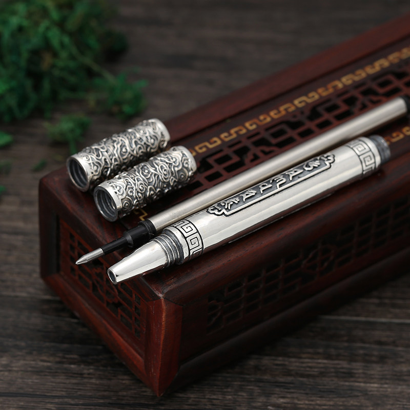 富贵鹿六字真言祥云银笔纯银 复古创意时尚配件 送礼送上司送前辈