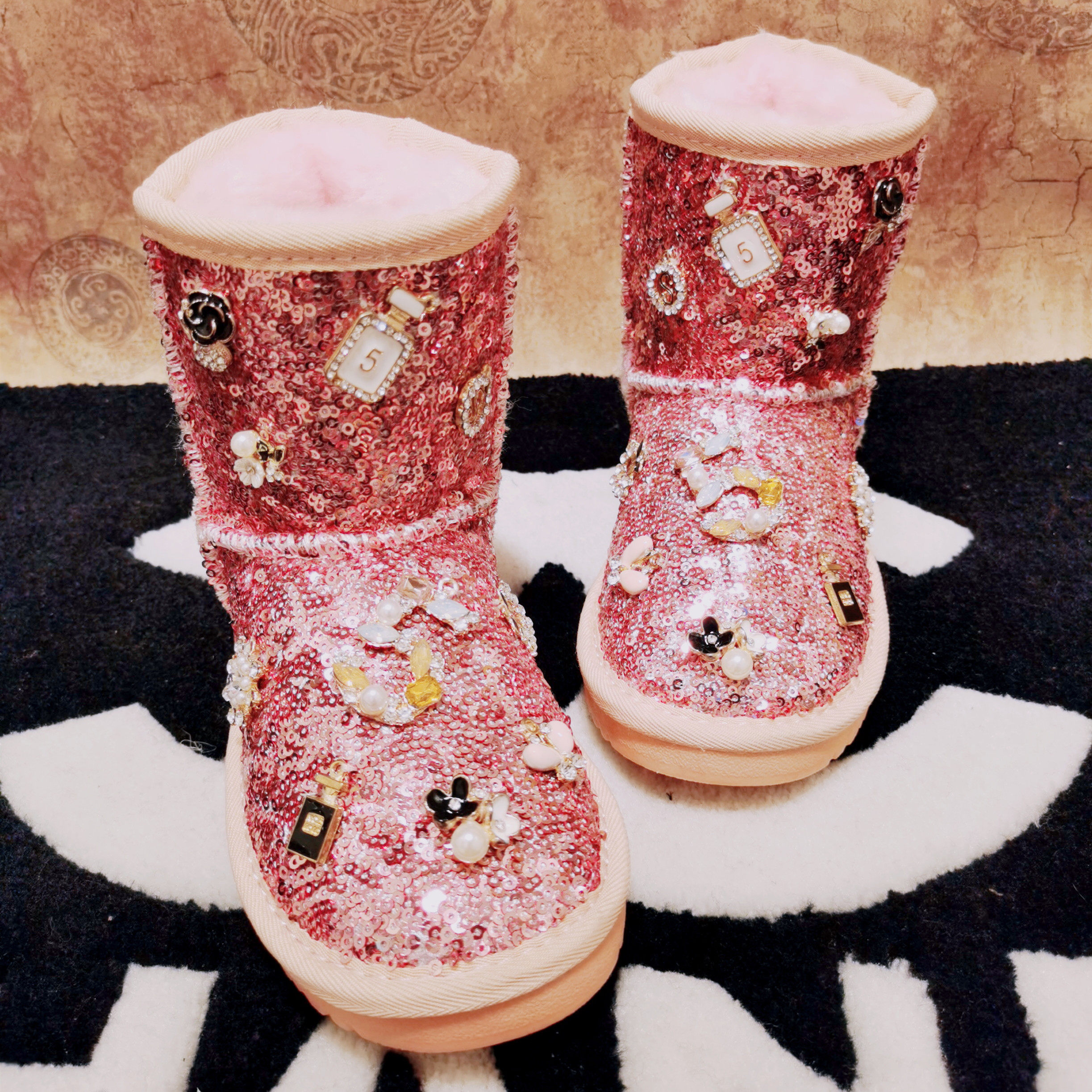 雪地包邮儿童亮片镶钻水钻女真皮厚绒里女孩雪地靴