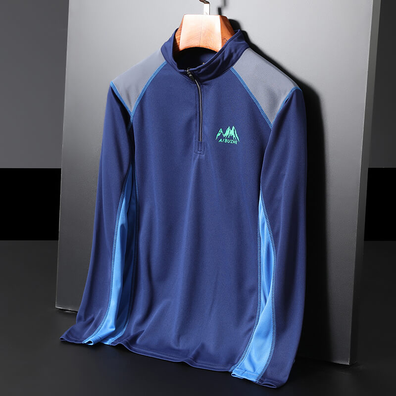 户外速干衣男式长袖运动t恤透气吸汗徒步登山跑步快干上衣男立领